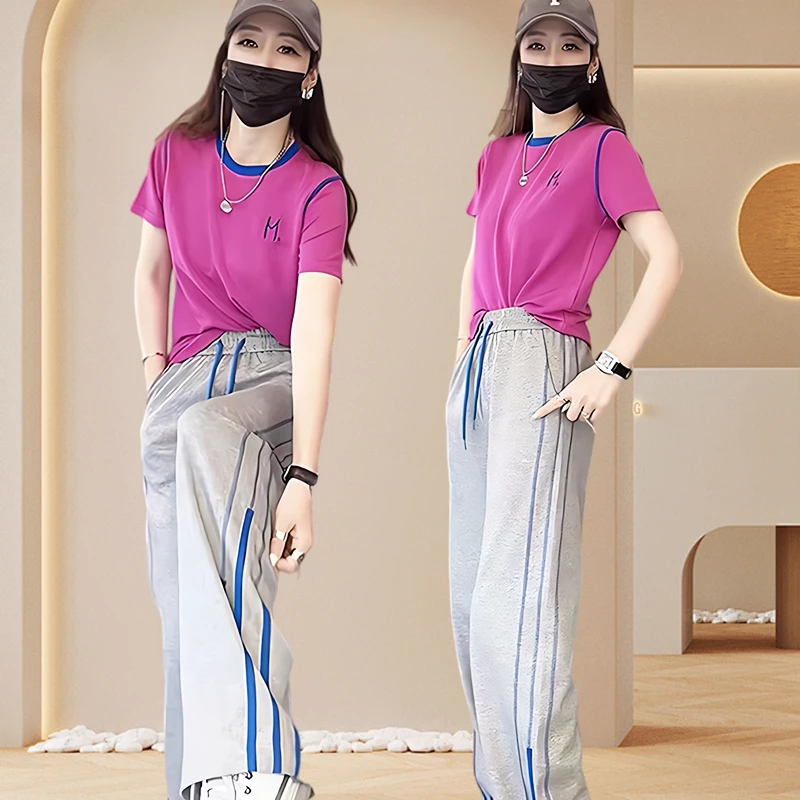 韩版休闲时尚短袖T恤2025网红爆款宽松遮肉垂感系带直筒裤两件套