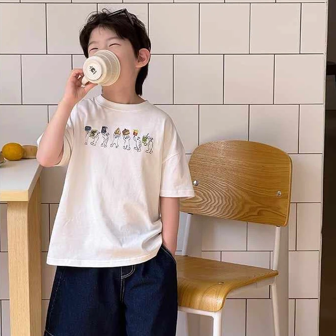 男童夏装卡通白色纯棉短袖T恤儿童装2025新款中大童女童休闲上衣