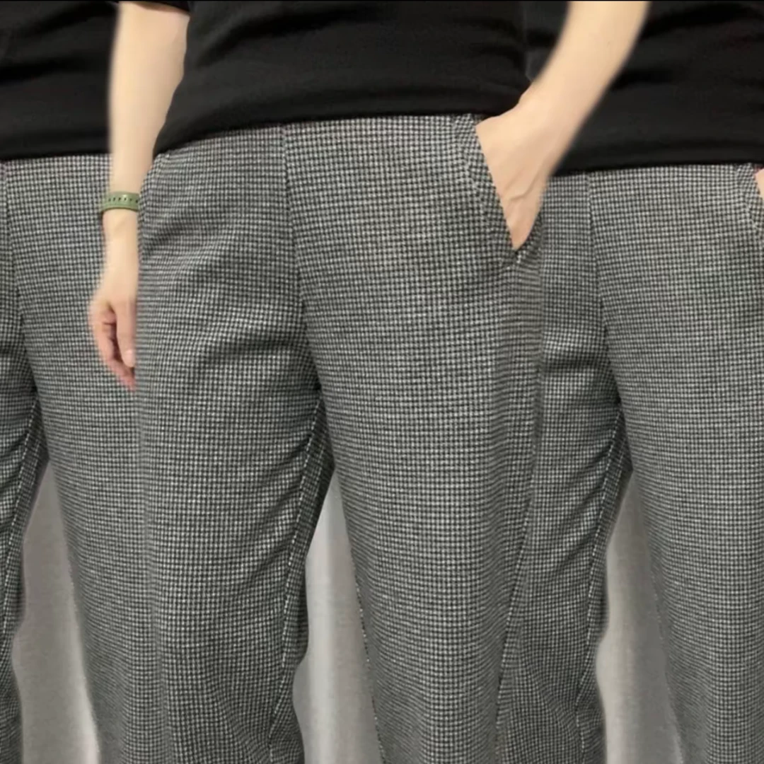 2025春季新款千鸟格高腰高档高弹力小直筒裤子宽松显瘦