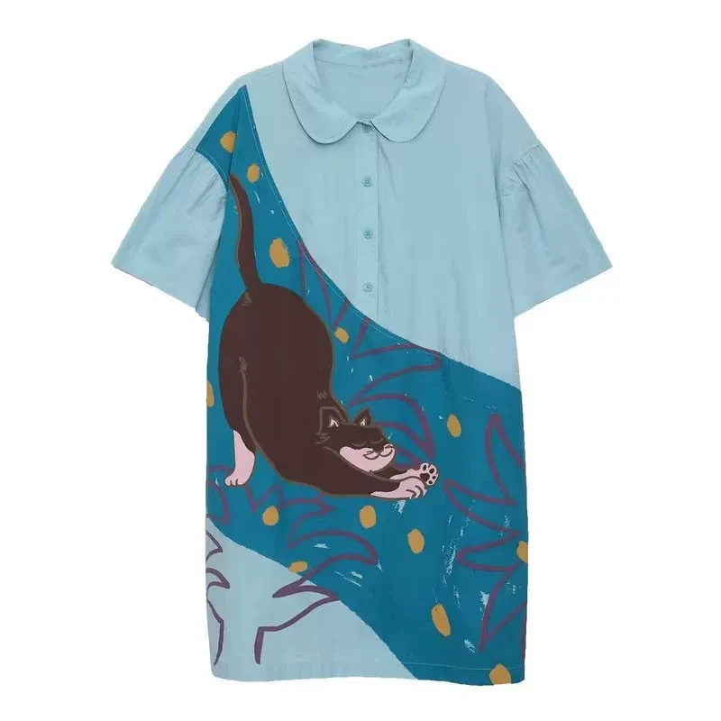 【 曲奇COOKY】2025夏季新款休闲圆角翻领印花梭织连衣裙