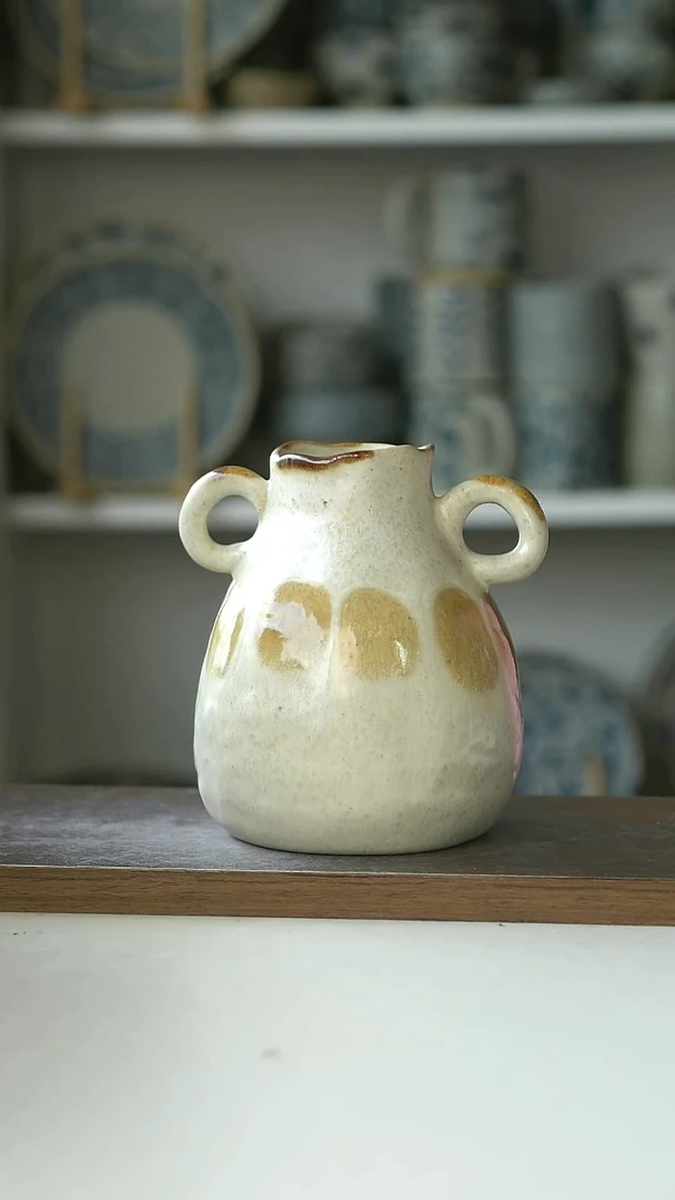 陶瓷微瑕Yoki粗陶手作光斑双耳花瓶13.5cm@4-2@