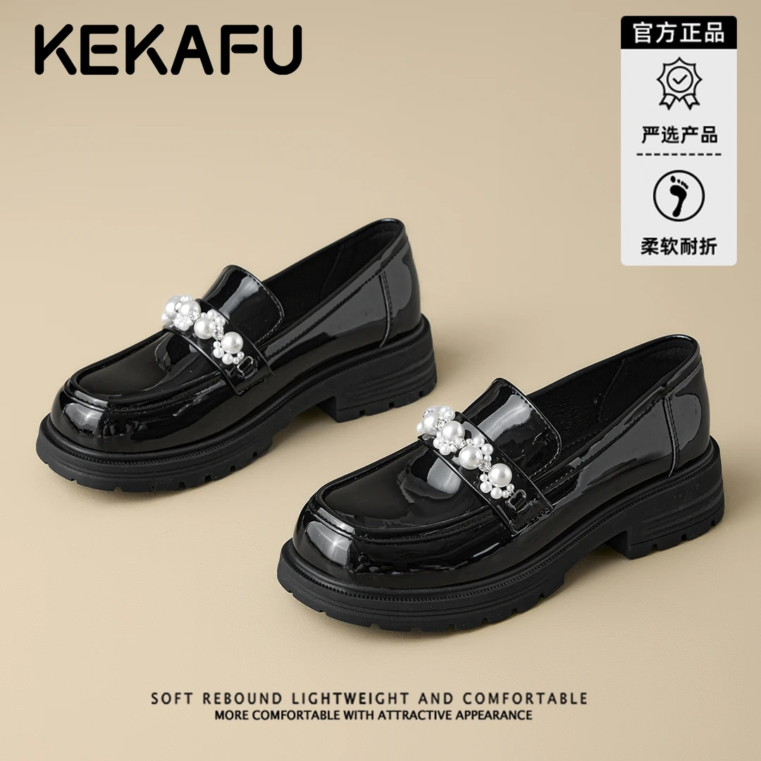 珂卡芙黑色学院风一脚蹬JK小皮鞋2025秋季新款珍珠水钻厚底乐福鞋