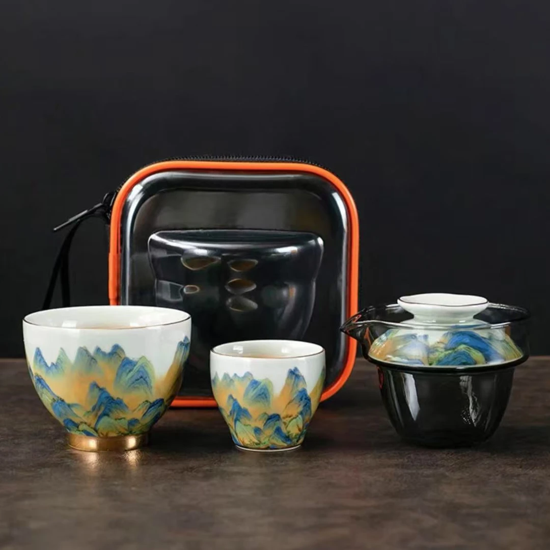 YS582-千里江山带杯旅行茶具车载户外陶瓷中式主人杯手绘便携式