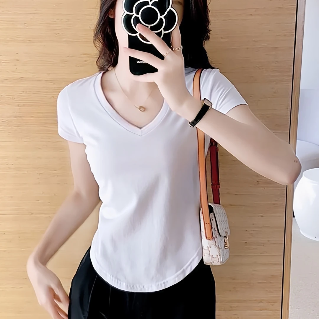 黑色v领正肩短袖T恤洋气衣服女夏季不规则弧形下摆纯欲修身甜美风