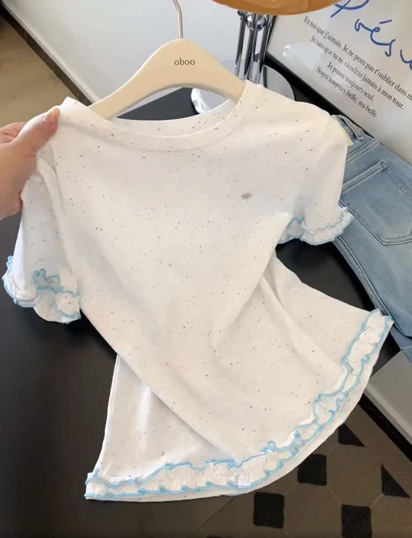 2025波点木耳边正肩短袖t恤女装夏季轻奢高级感短款气质显瘦上衣