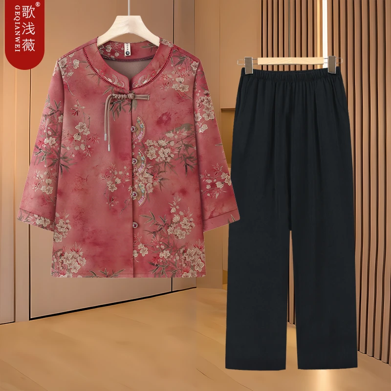 2025新款老年人夏装女装妈妈七分袖衬衫奶奶装国风春装衬衣老太太