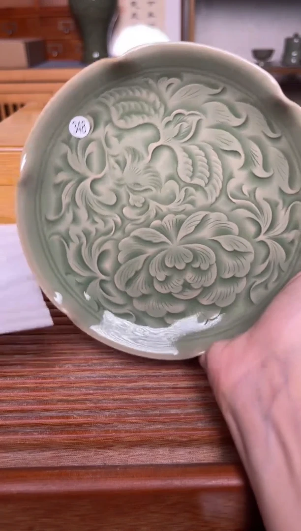 陶瓷348纯手工秘色花口壶承 微瑕