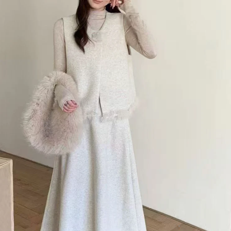 【晨浠定制】新款法式气质拼毛条马甲打底半身裙三件套装9916