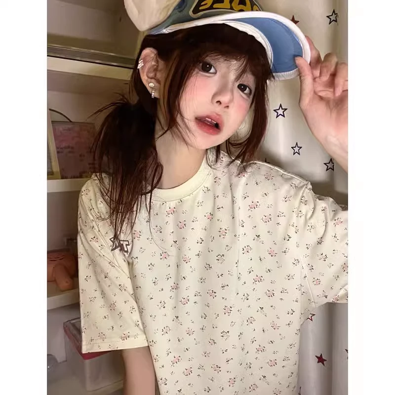 小个子穿搭!!美式复古碎花短袖t恤夏季宽松学院气质休闲百搭上衣