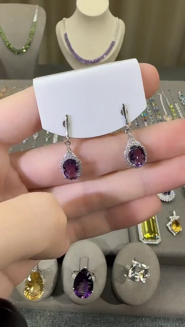 银S925镶嵌耳饰紫晶9*7mm耳坠设计款