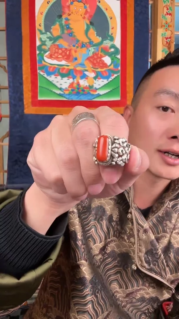 大理石磁石红色珊戒指