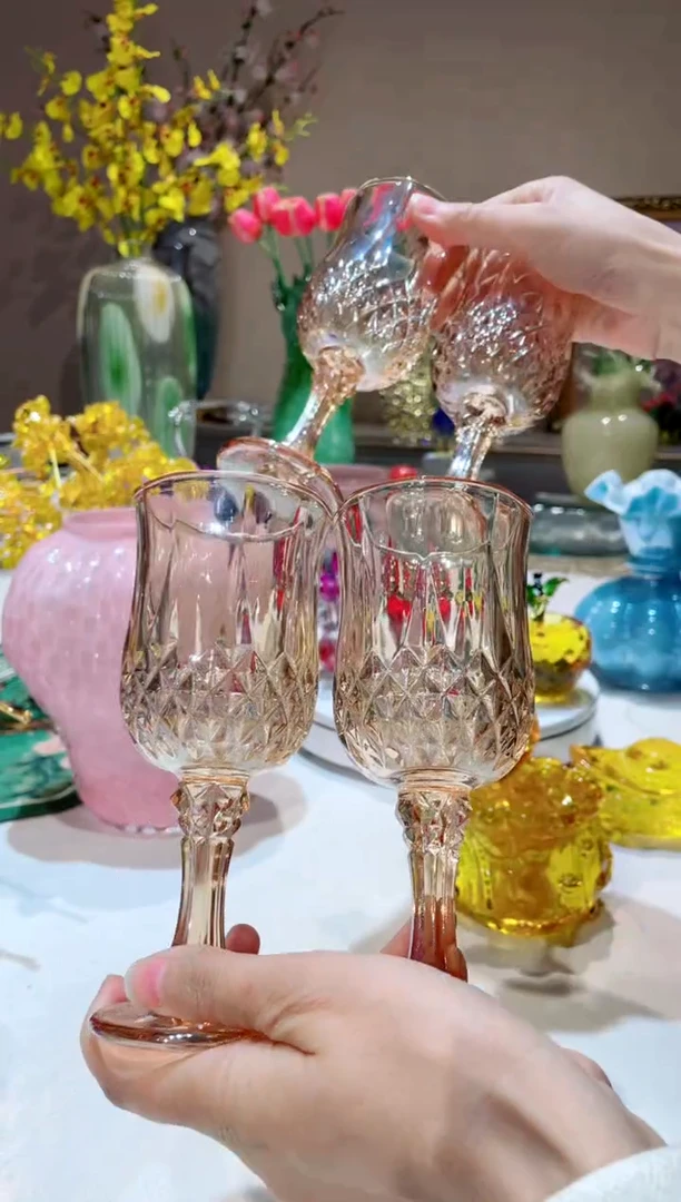 【闪购商品】琉璃手工艺品金色高脚杯4只