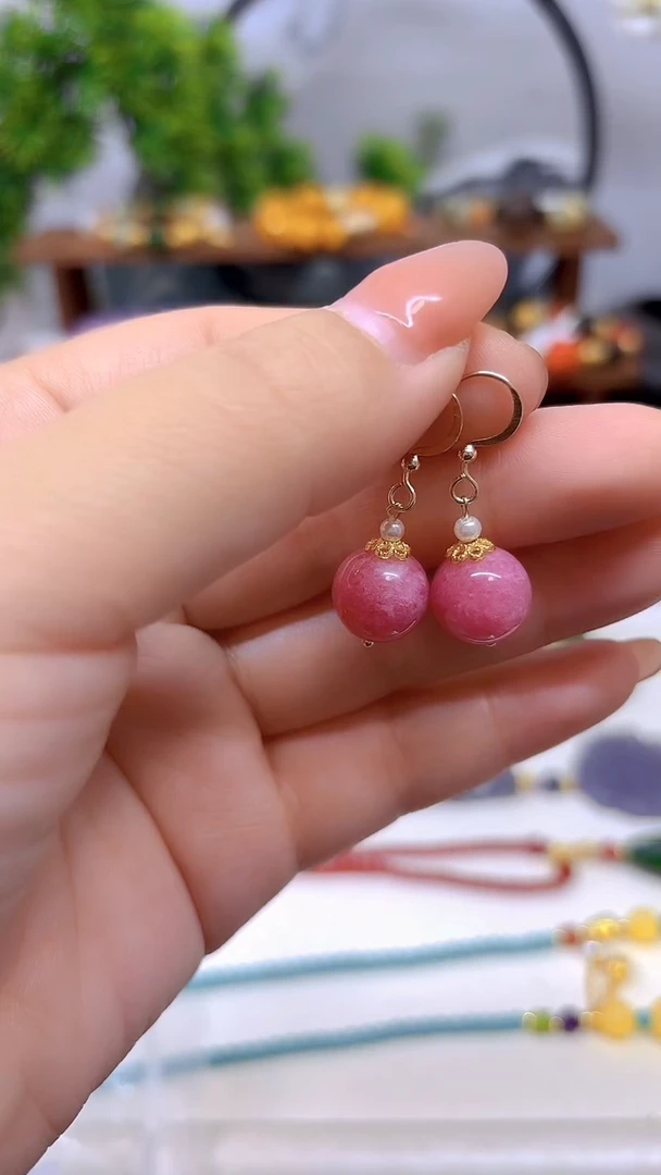 14K金镶嵌菱锰矿（红纹石）耳坠E794