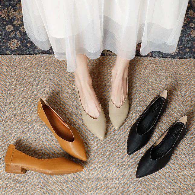 真皮尖头百搭多色低跟女鞋2025气质舒适时尚春季温柔软底307