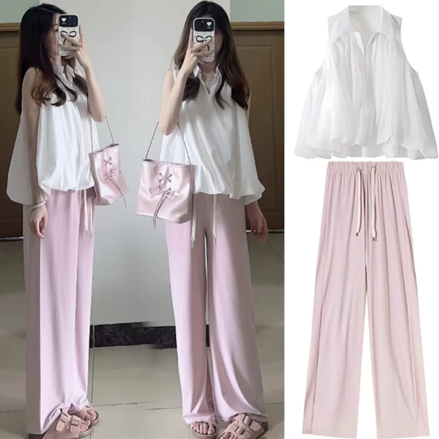 孕妇装夏装套装时尚薄款白色衬衫宽松休闲显瘦遮肚洋气潮妈两件套