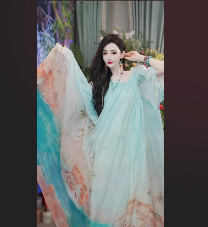 欧若假日风桑蚕丝宽松波西米亚大裙摆连衣裙251D605