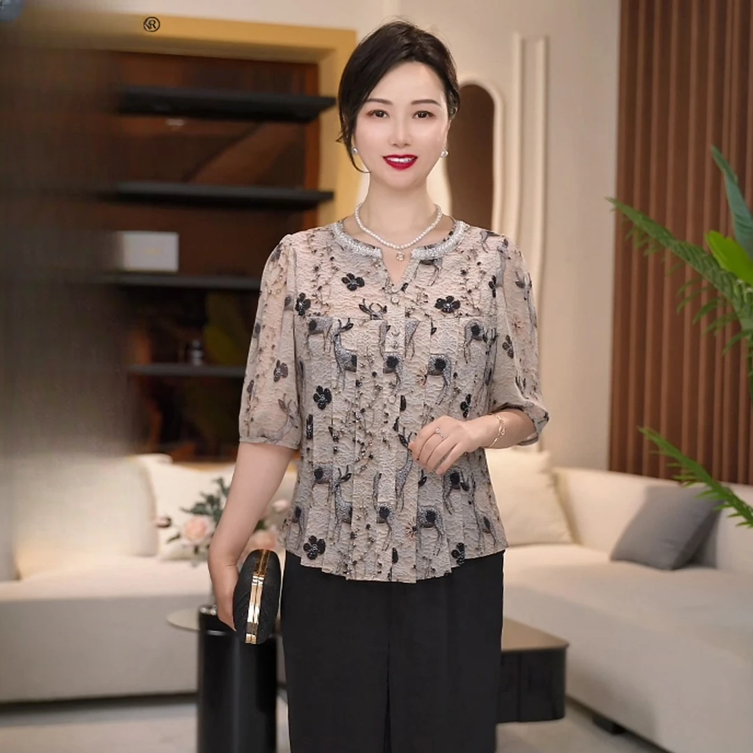 直播间同款2025夏季新款优雅小鹿衬衫妈妈装中老年套装女洋气上衣