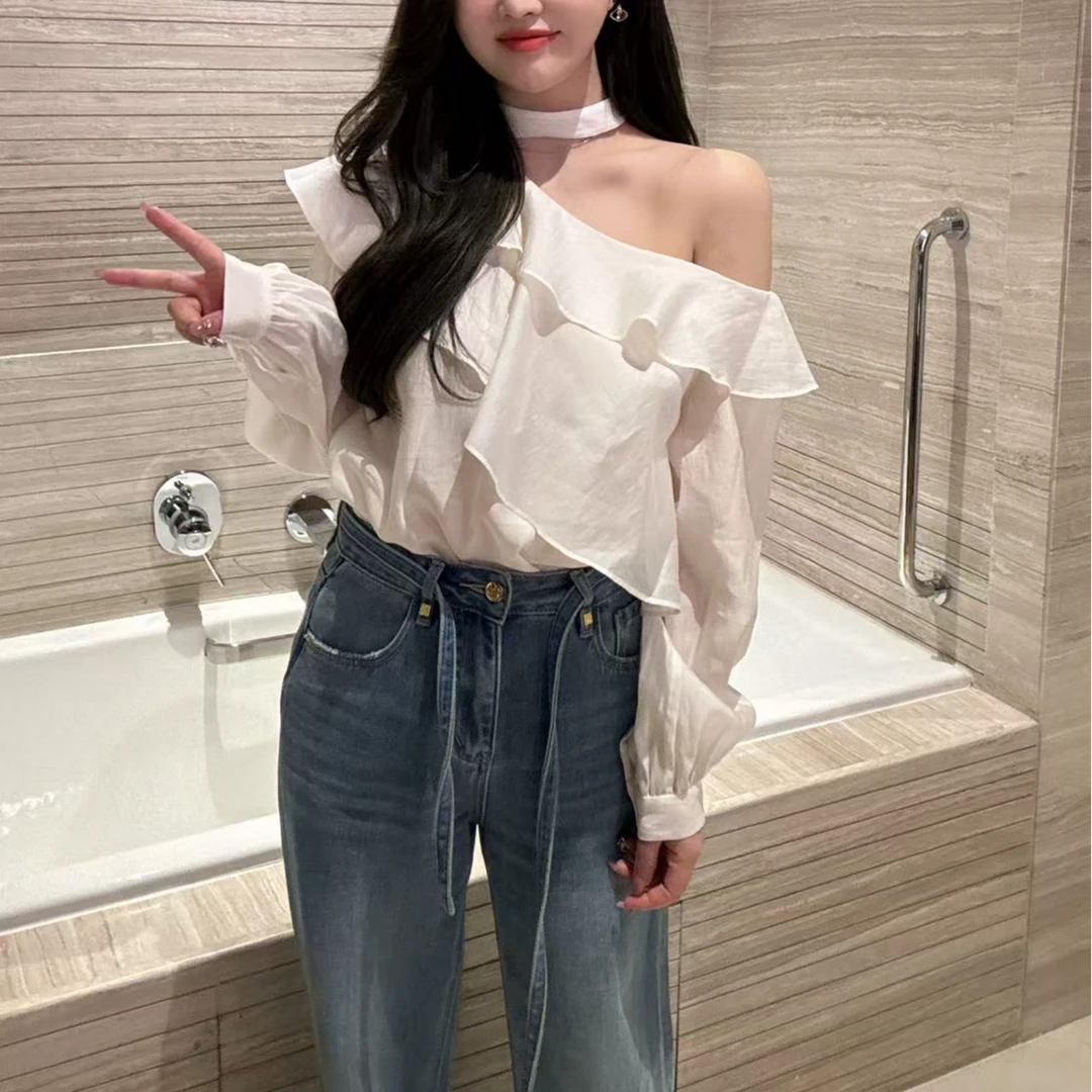 福利5.19号气质小女人斜肩细带上衣 （现货）时尚百搭露肩设计感细