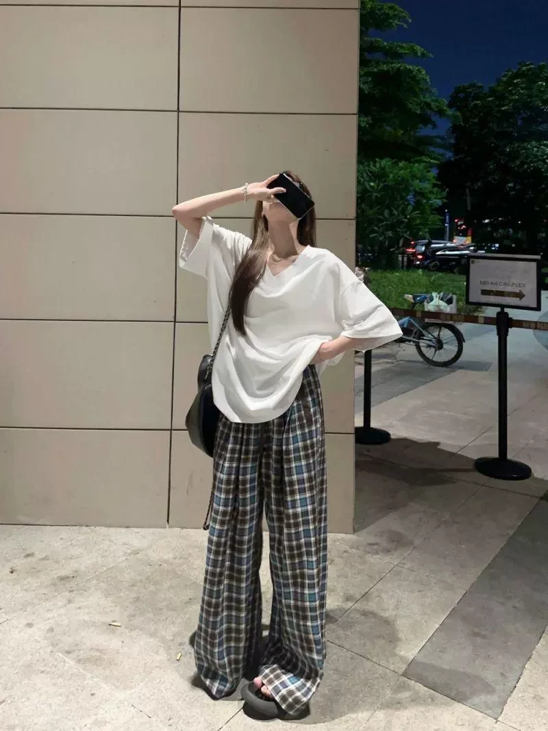 【慵懒风】微胖mm宽松遮臀显瘦上衣夏季短袖V领纯色百搭休闲中长款