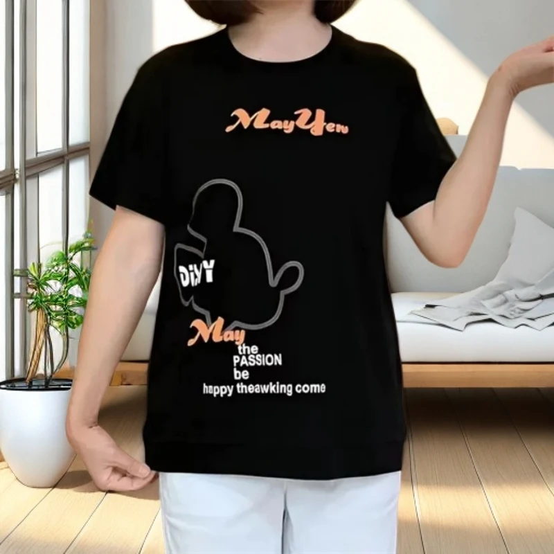 大码圆领常规T恤印花宽松型短袖时尚休闲女士上衣