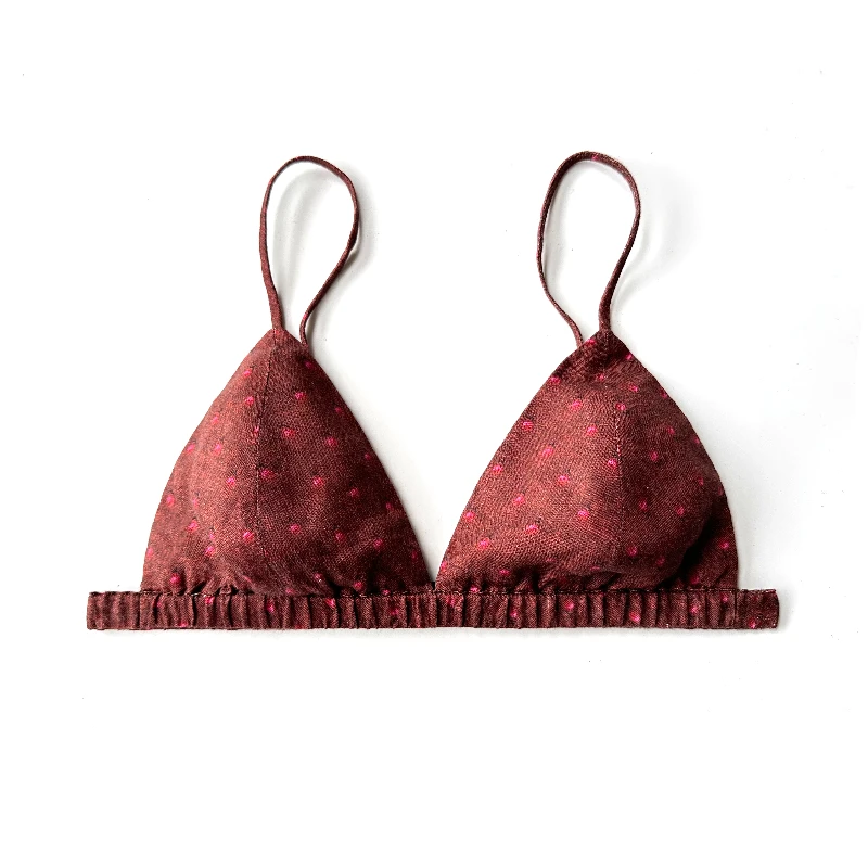 纯亚麻深红圆点无钢圈透气防凸点三角杯文胸小胸棉法式内衣