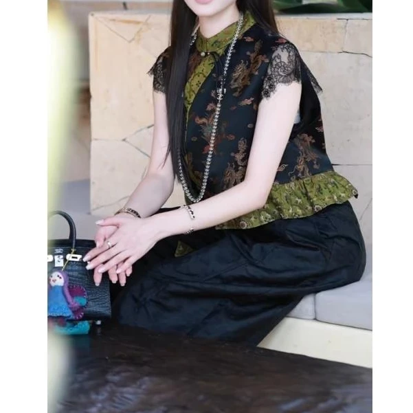 新中式国风高级感复古唐装马褂背心女小众独特别致黑色盘扣衬衫夏