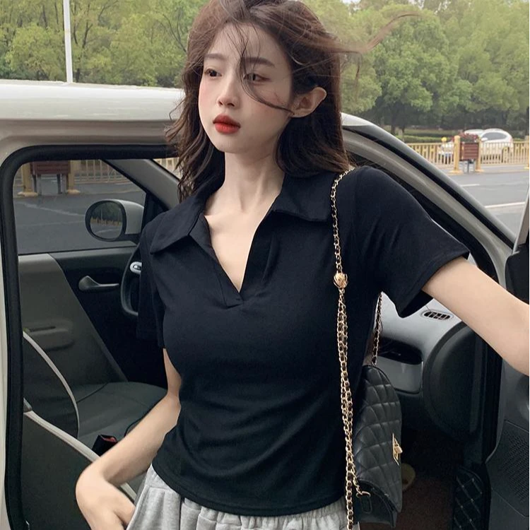 遮肚修身显瘦Polo领短袖正肩T恤女夏季甜辣短款上衣潮黑色设计感