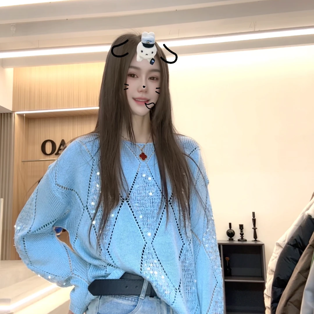 PINSHANGXIBAO/品尚喜宝上衣时尚宽松百搭圆领显瘦T恤蓝色亮片