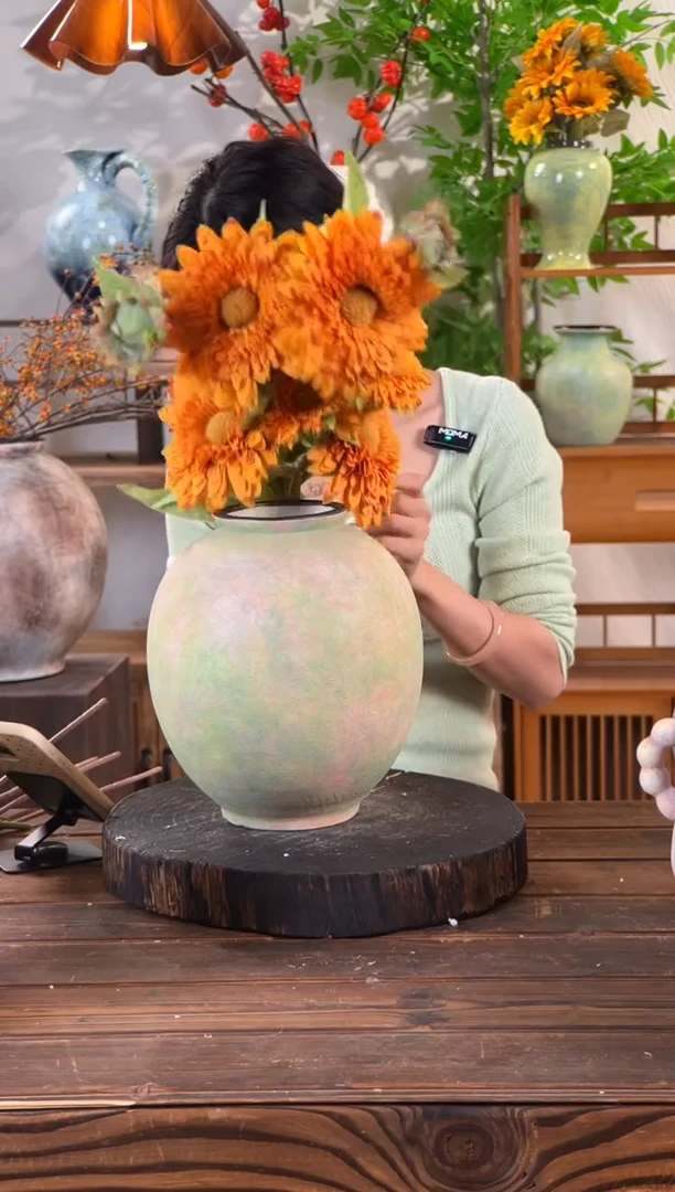 【苔点绿-小号月亮罐】侘寂风复古风陶瓷花瓶插花花器新中式摆件