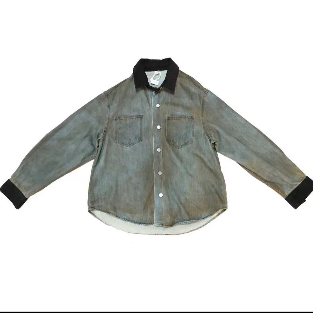 g068 牛仔休闲复古水百搭时尚拼接衬衫长袖宽松大板