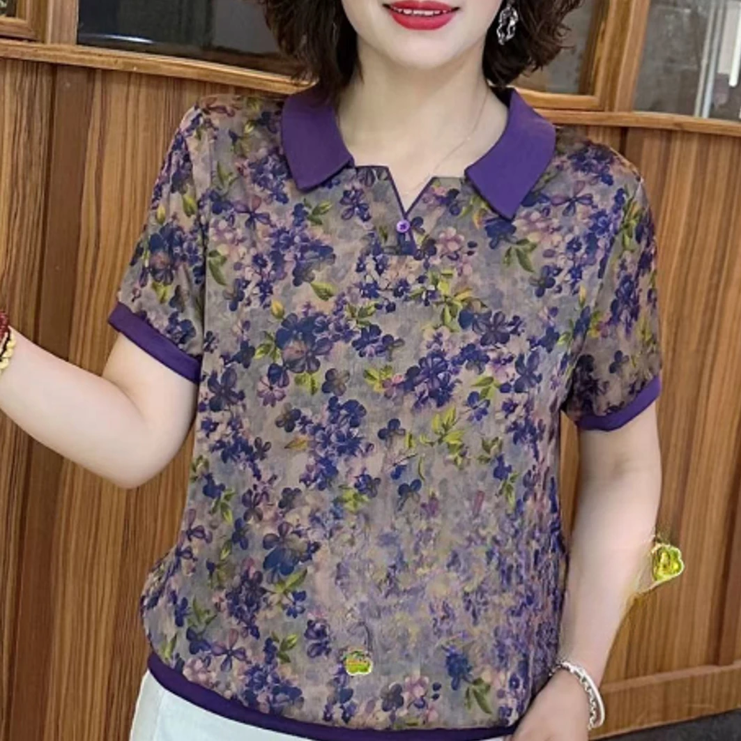 薄款休闲风宽松型短袖欧若拉风格中老年女装时尚减龄百搭小衫