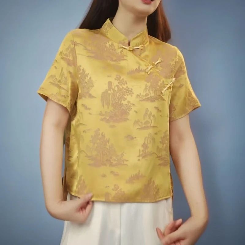 新中式深圳南油版重磅提花气质显瘦斜襟改良旗袍衫上衣2025新款