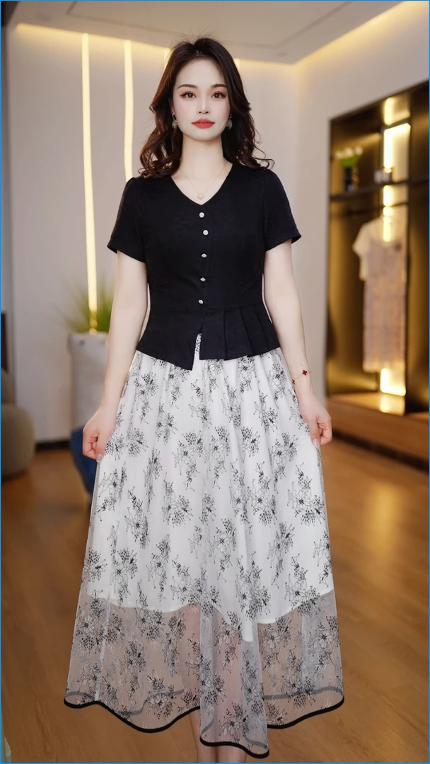 高级感两件套洋气短袖连衣裙女2025春夏新款显瘦时尚气质长裙