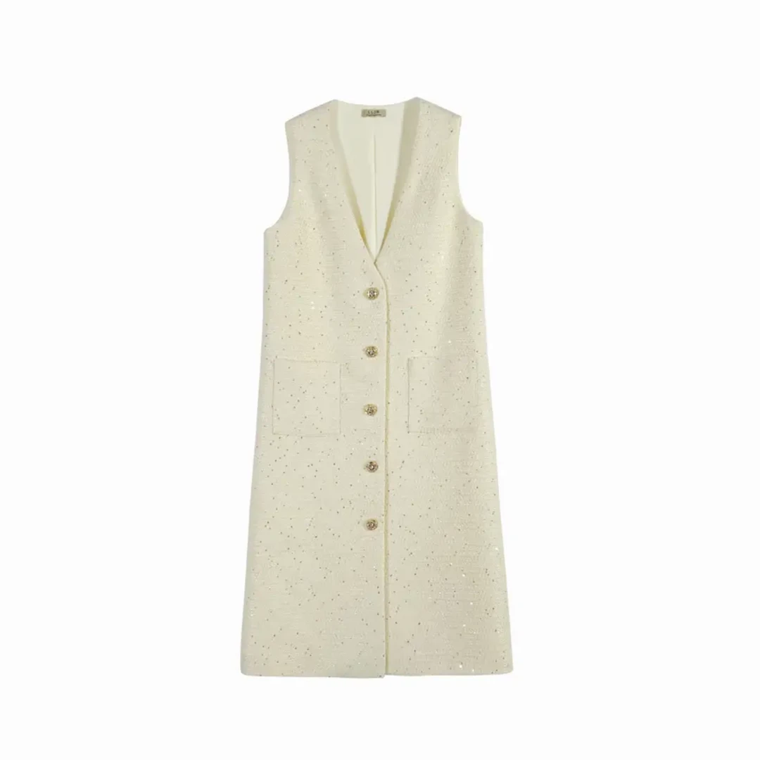 【2025初春新款】重工小香风连衣裙女装V领背心裙 21002