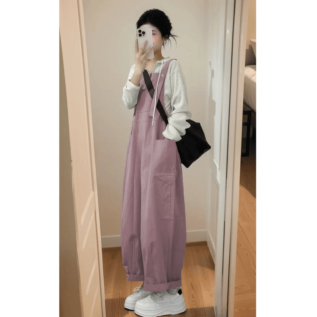 4445减龄背带裤女休闲工装粉色连体裤