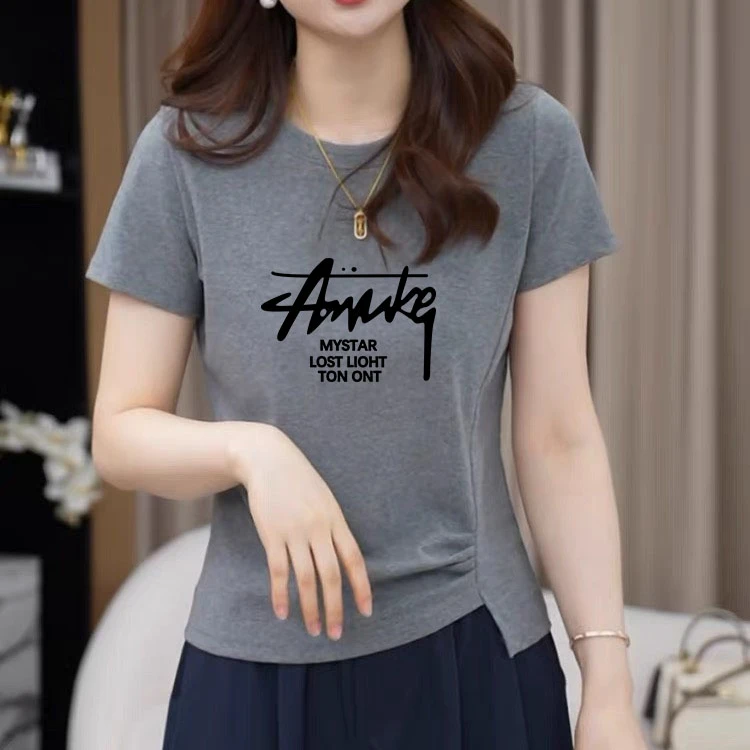 百搭印花短袖T恤女士2025夏季新款时尚显瘦不规则高级感短款上衣