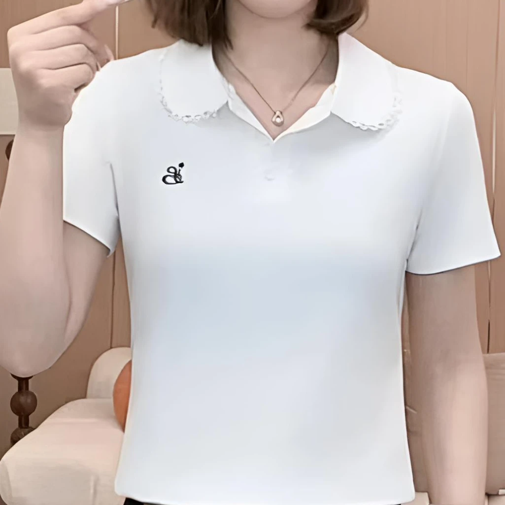 夏季新款女士时尚简约百搭宽松遮肉显瘦polo领翻领短袖T恤