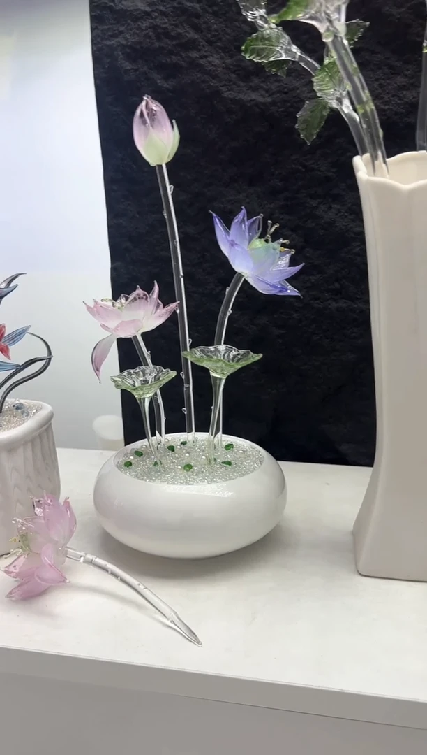 琉璃手工艺品紫色长杆+粉色短杆一套白色花盆带沙