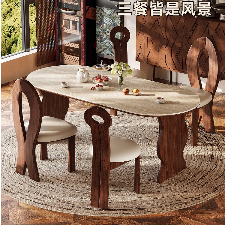 钢琴键2025设计师款椭圆形新中式白蜡木全实木岩板长方形餐桌003