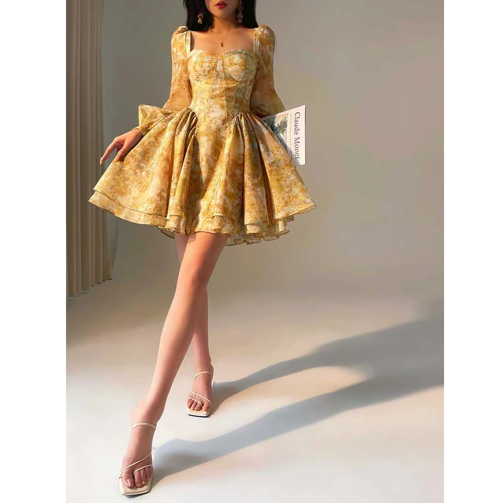 pinkmooon||复古甜美公主蓬蓬裙女新款法式茶歇泡泡袖碎花连衣裙