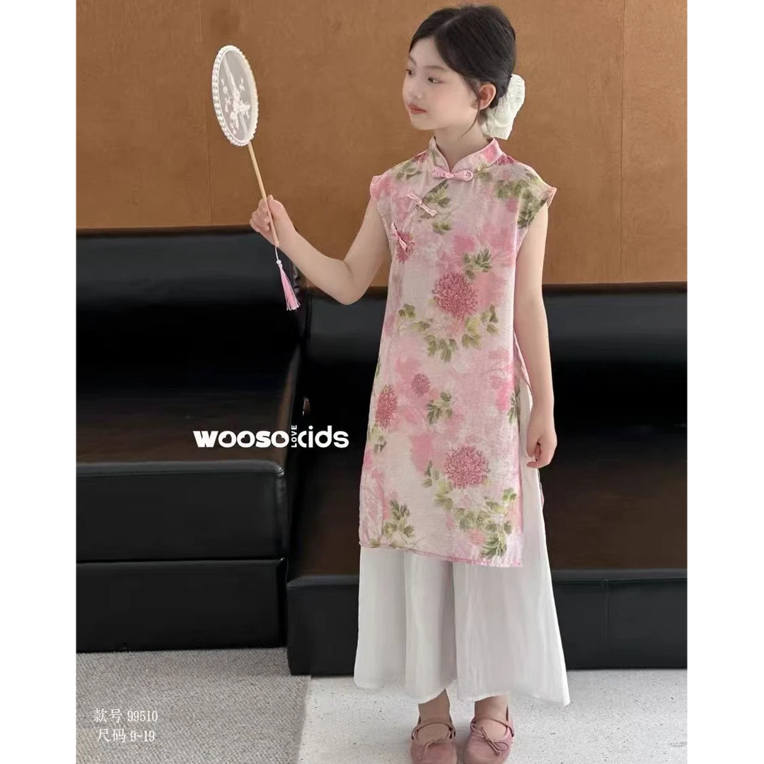 2025夏女童新国风中式盘扣牡丹花凉感休闲时尚旗袍套装99510