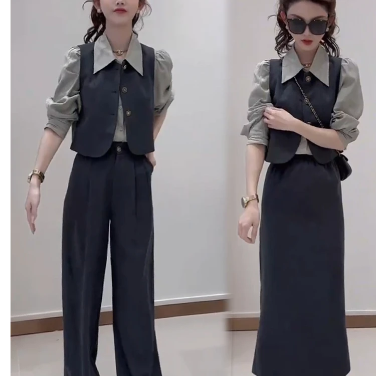 【现货+运费险】小个子网红减龄套装女时尚洋气衬衫马甲小香风套装