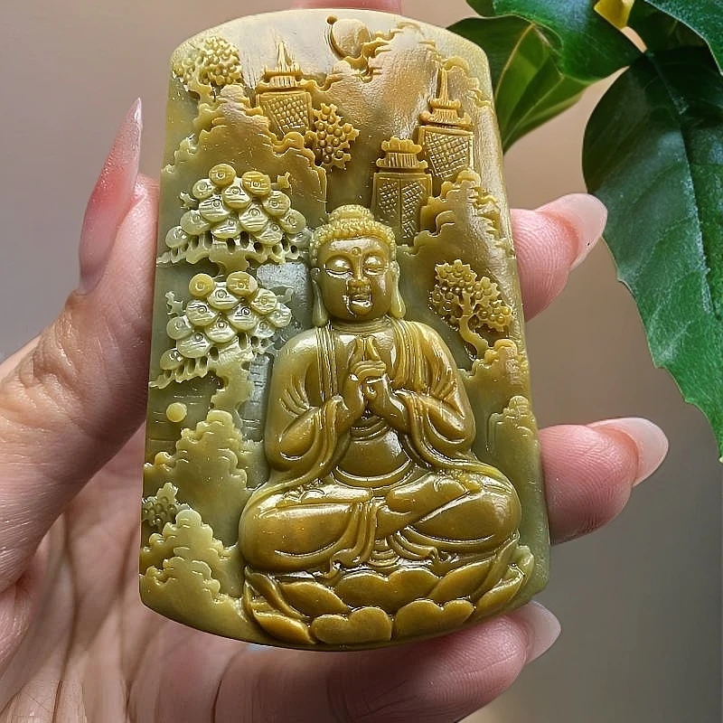 翡翠黄翡大日如来属羊猴守护毛货抛光3天 尺寸72*42*7.3mm