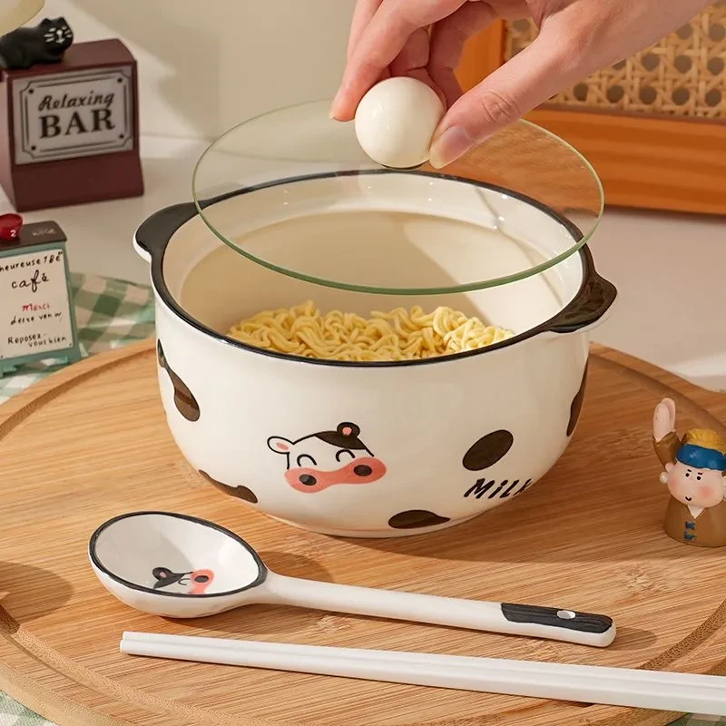 奶午陶瓷泡面碗带盖高颜值学生宿舍食堂打饭碗双耳汤面碗螺蛳粉碗