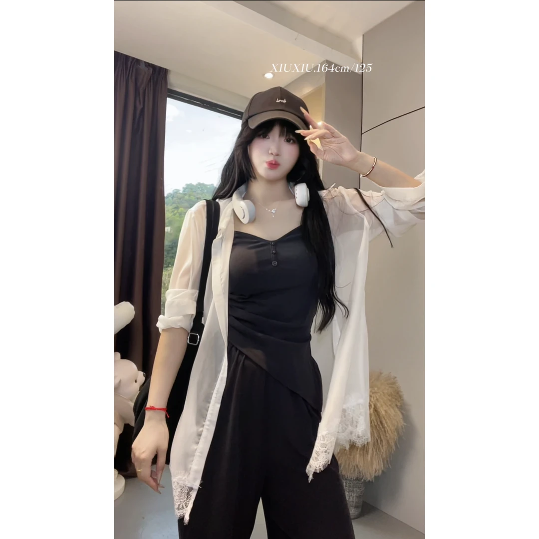 【松弛雅逸】7792微胖mm入春穿搭吊带上衣修身开衫高腰阔腿裤女套装