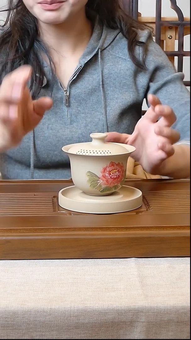 09刻绘三才盖碗/玖陶纯手工制作