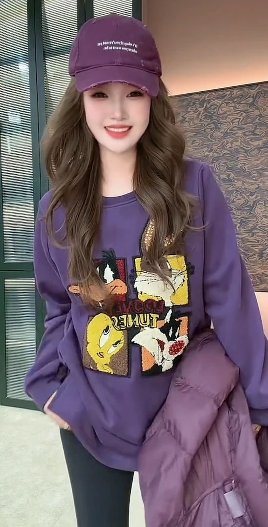 秋冬加绒加厚圆领百搭休闲卡通洋气减龄重工韩版卫衣