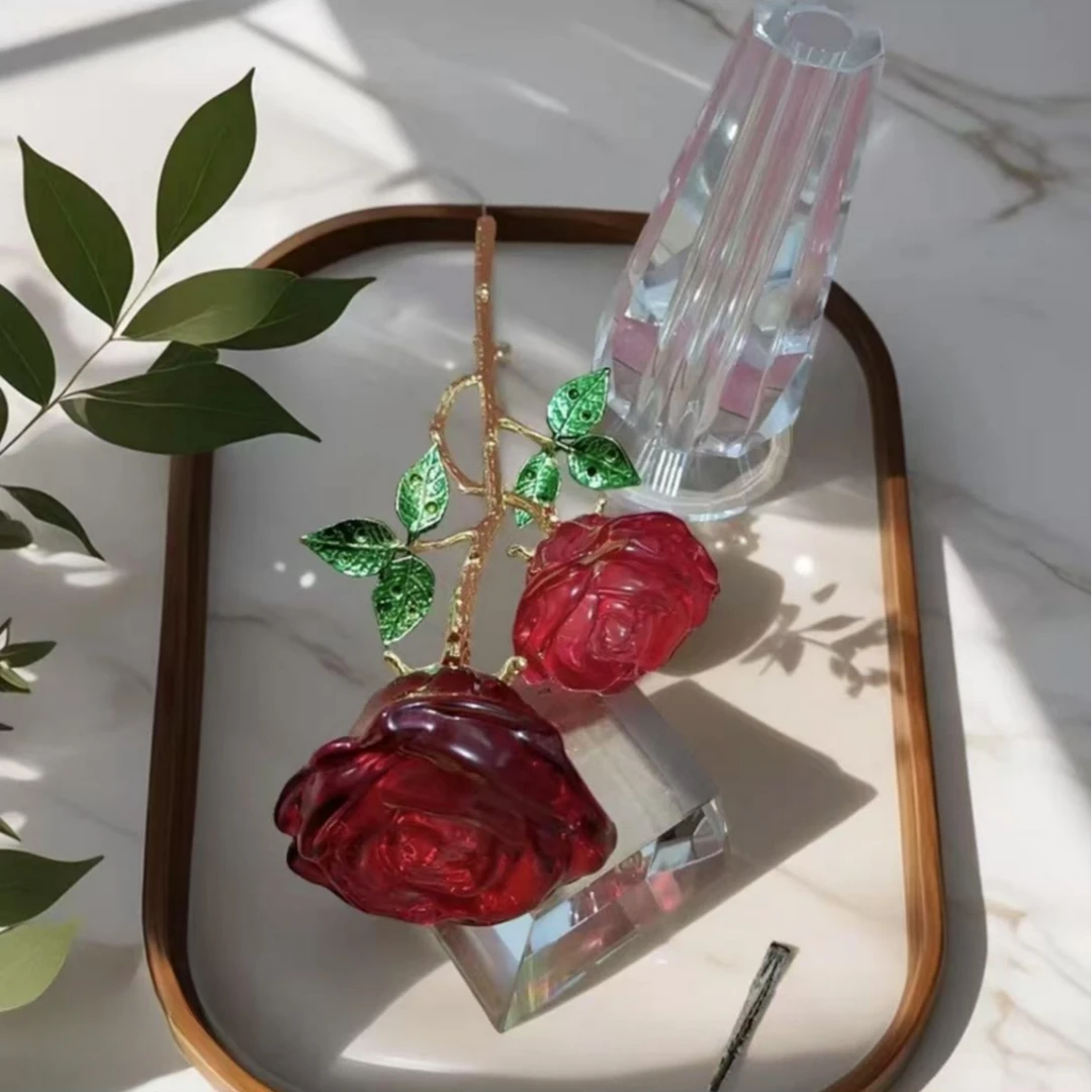 节日礼物水晶玻璃玫瑰工艺品摆件玫瑰花男女朋友老婆生日