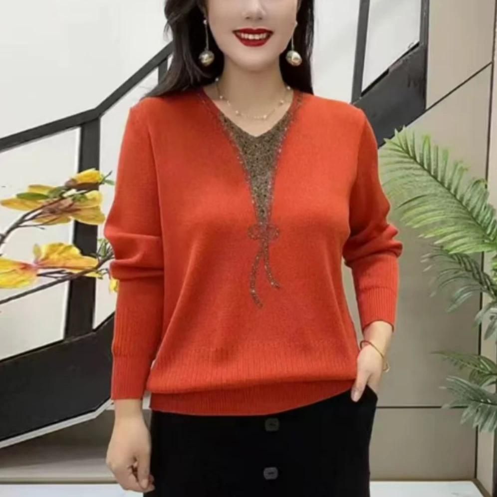 百搭烫钻2025春秋款宽松休闲长袖针织衫新款气质时尚中老年妈妈装