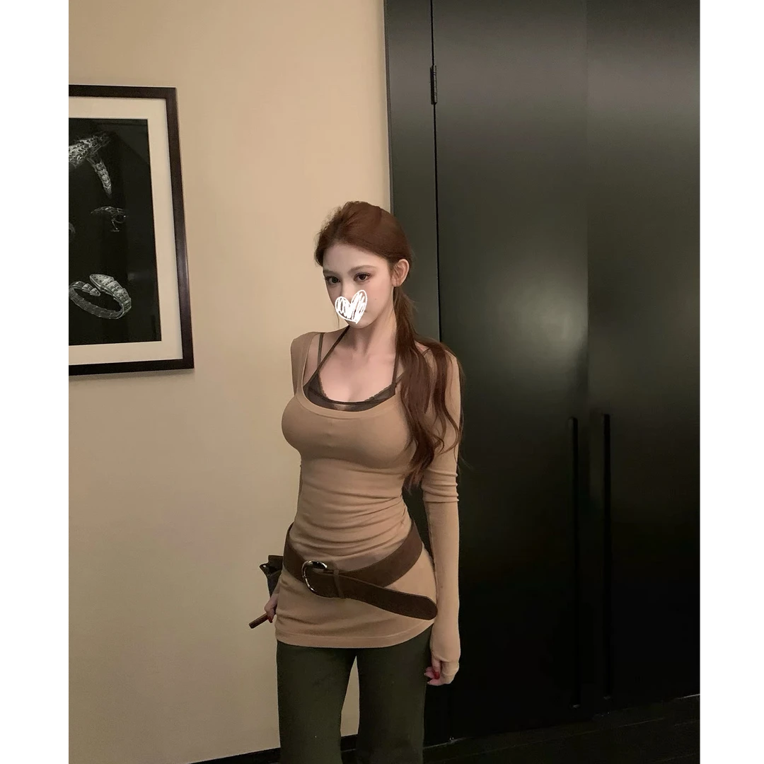 U领收腰连衣裙女针织+可拆卸胸垫吊带挂脖女内搭背心两件套3294